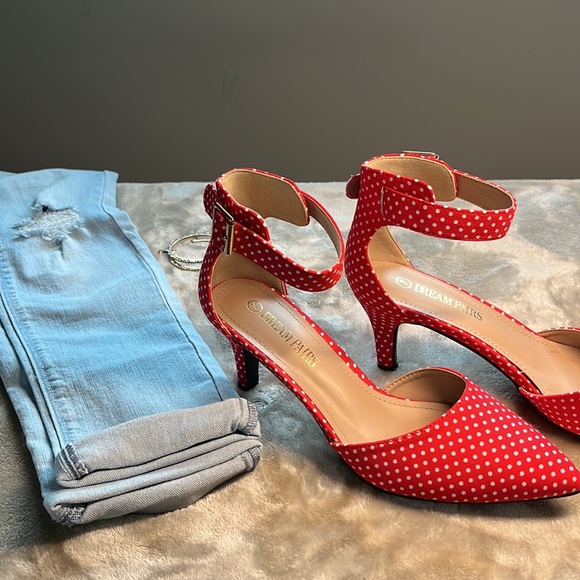 Red & White super cute sexy low heels Anke strap fabric  size 7 ladies - Picture 11 of 11